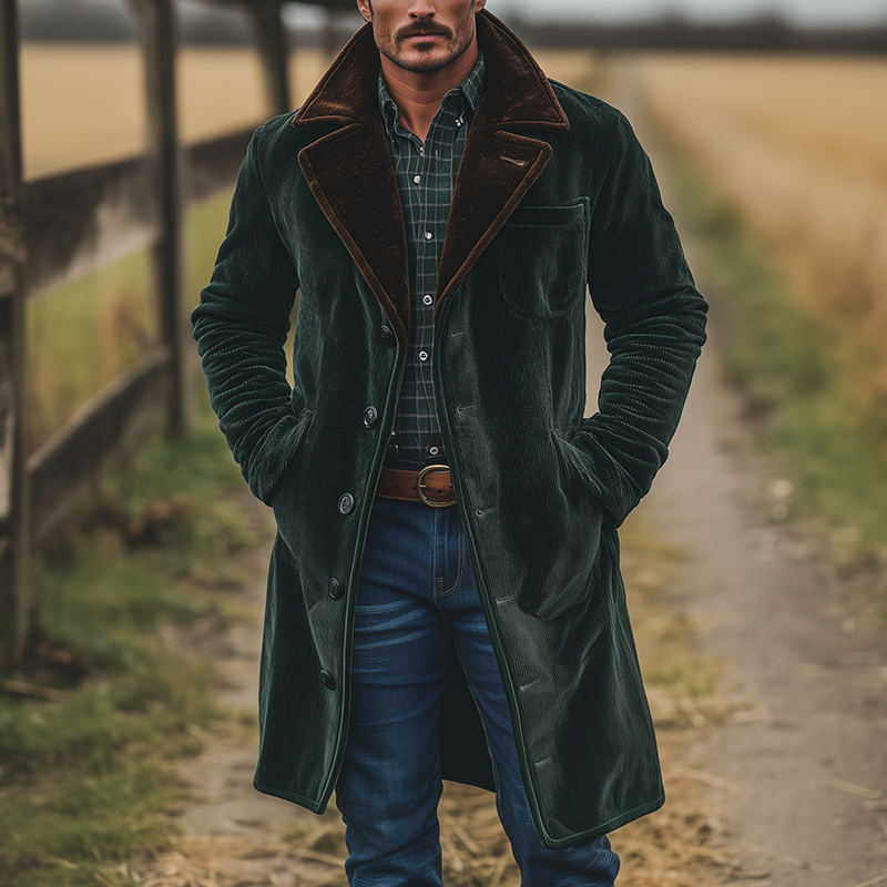 Men's Winter Retro Color-blocked Corduroy Long Button Coat MTA0595K4P