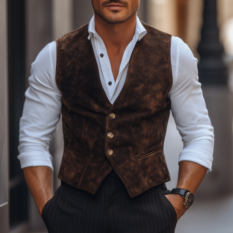 Men's Vintage Elegant Faux Suede V-Neck Single-Breasted Slim Fit Suit Vest MTA2445G5M