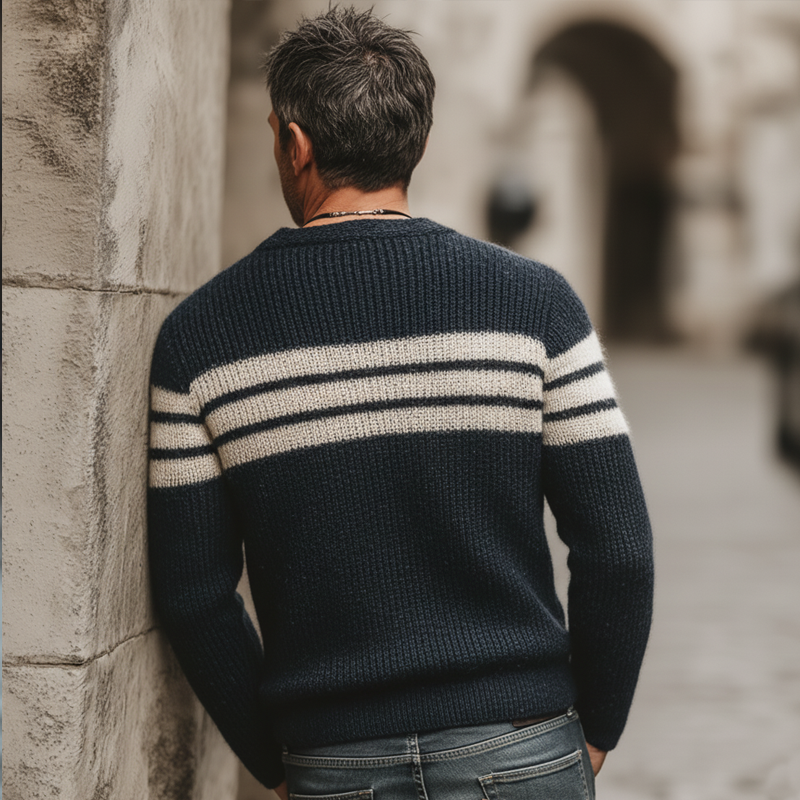 Men's Classic V-neck Color-blocked Striped Slim-fit Knit Sweater MTA0360K1U