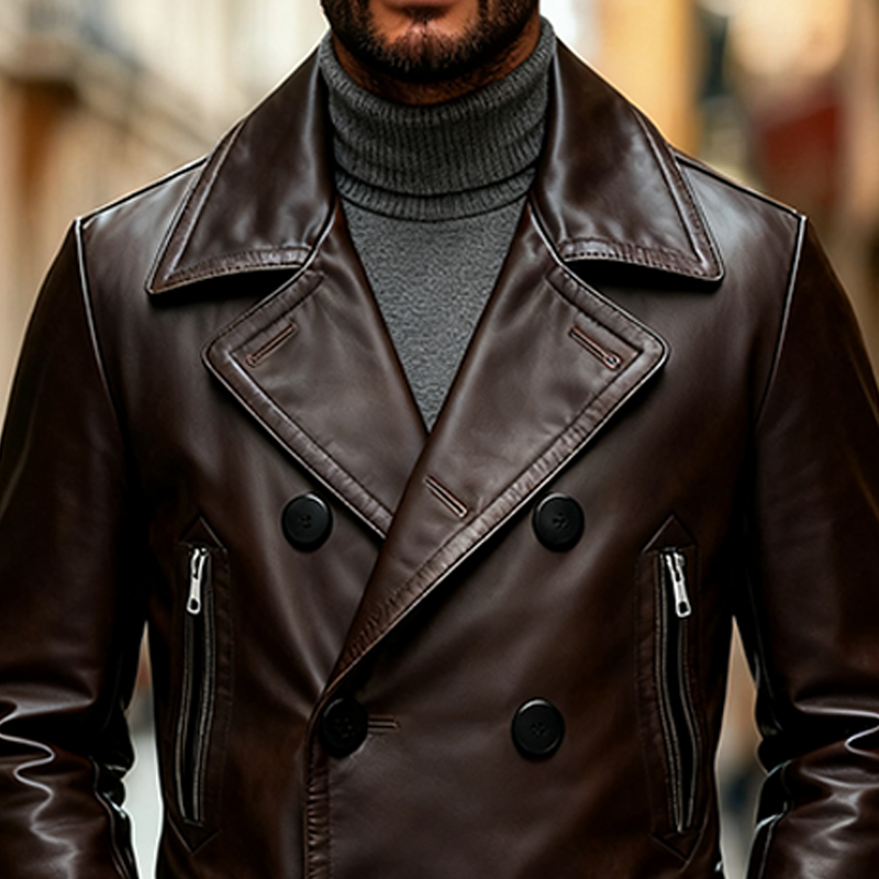 Men's Retro Solid Color Lapel Double-Breasted PU Mid-Length Leather Coat MTA1113K6X