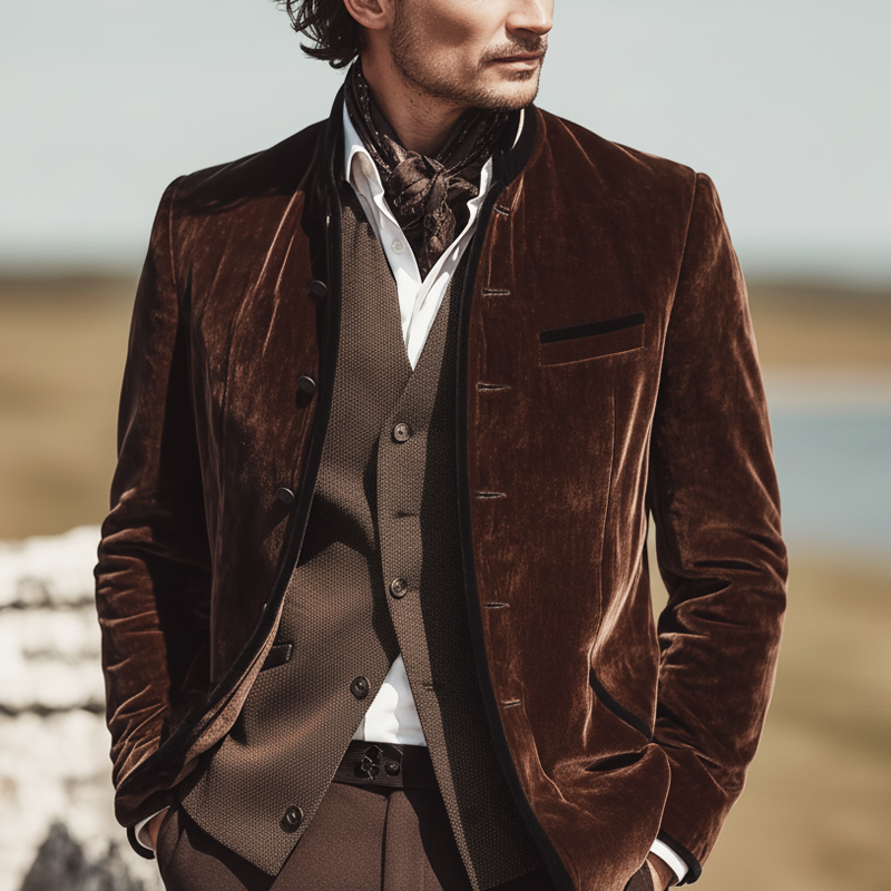 Men's Retro Velvet Stand Collar Double Slit Slim Fit Jacket MTA2279K8U