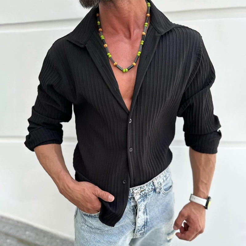 Camicia casual a maniche lunghe con risvolto a righe tinta unita da uomo 22113270Z