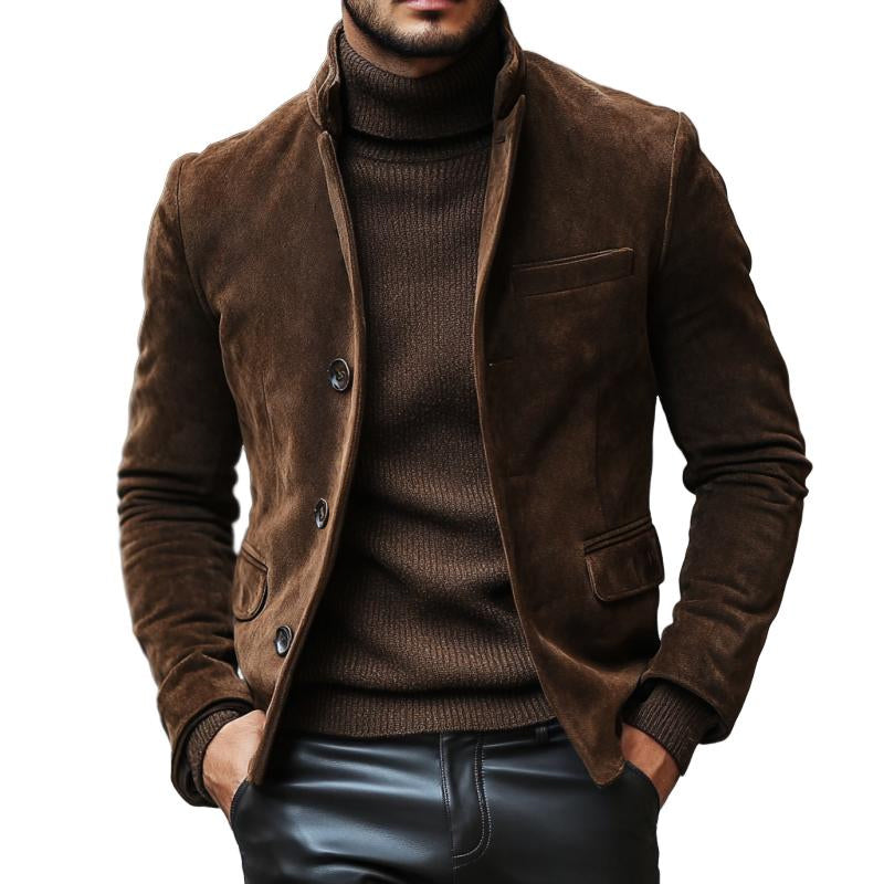 Stand-collar suede leather blouson, men's size S unclear black type Vintage Second Hand