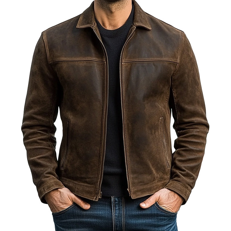 Men's Classic Leather Jacket with Zipper Front