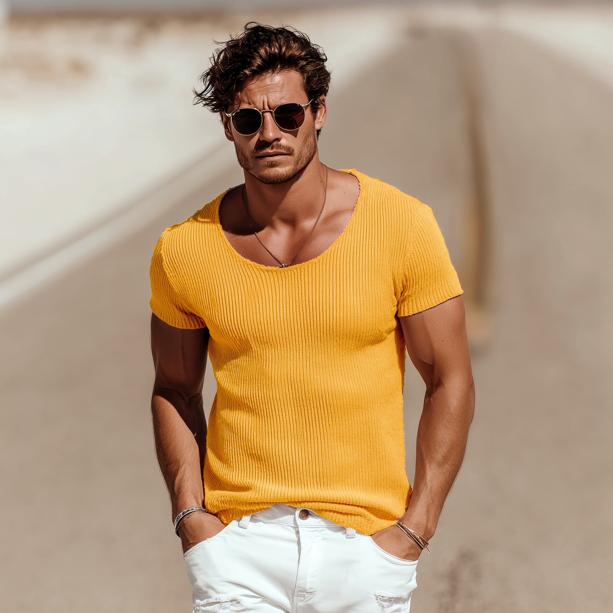 Men's Spring And Summer Casual Round Neck Slim Fit Knitted Short Sleeve T-shirt MTA2277G6K