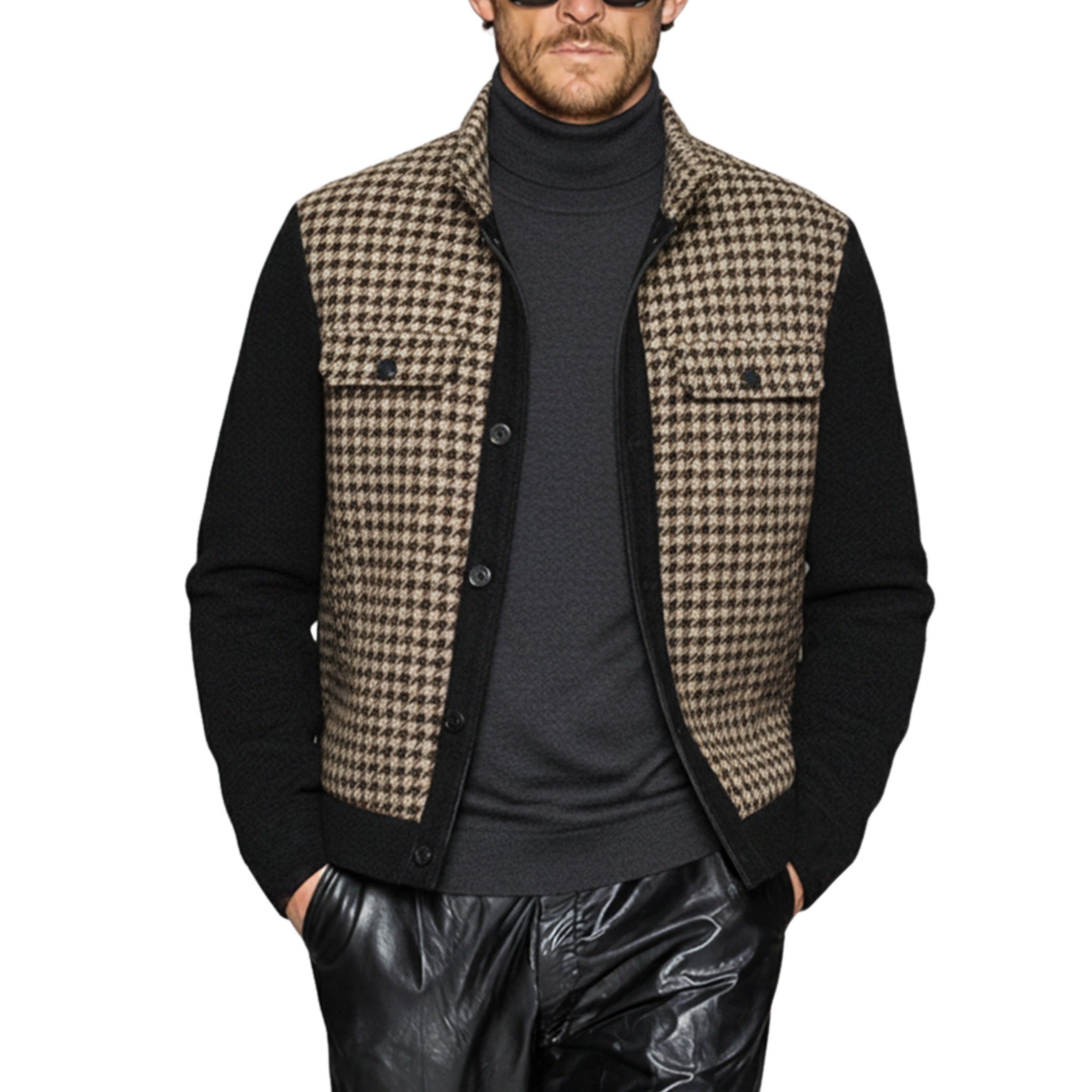 Men's Classic Casual Stand-up Collar Faux Houndstooth Patchwork Black Wool Jacket MTA0561K2K