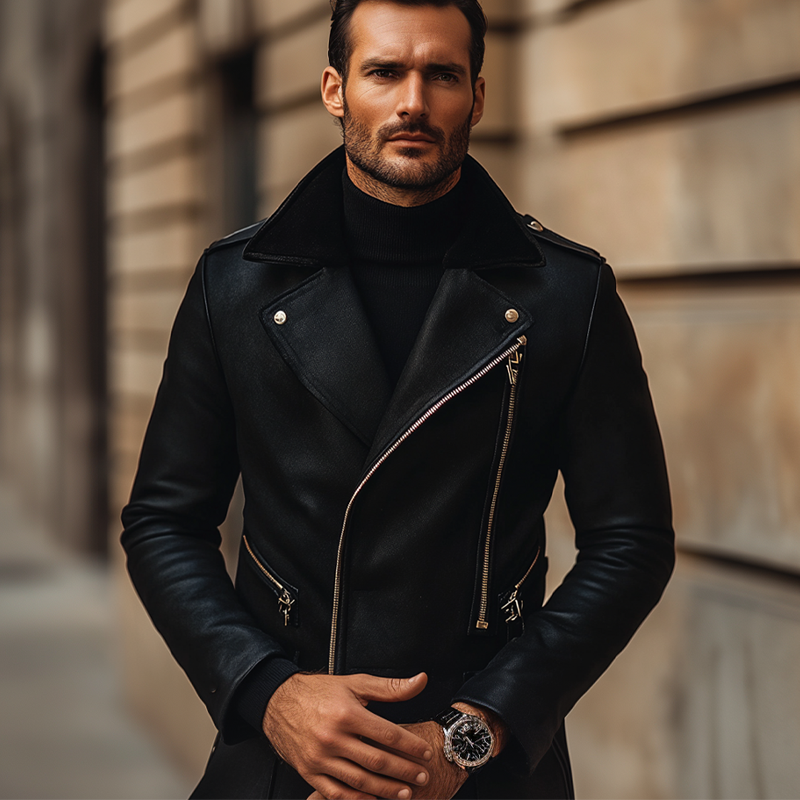 Men's Solid Color Slim Fit PU Zipper Motorcycle Jacket MTA2864K7X