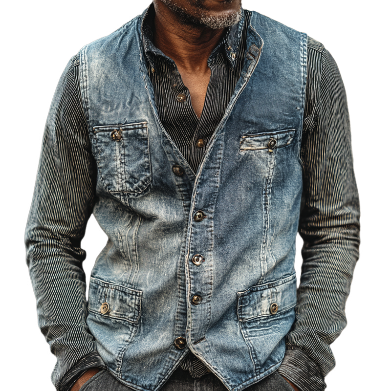 Men's Vintage Washed Denim Round Neck Single Breasted Fake Pockets Vest MTA2153H8Z