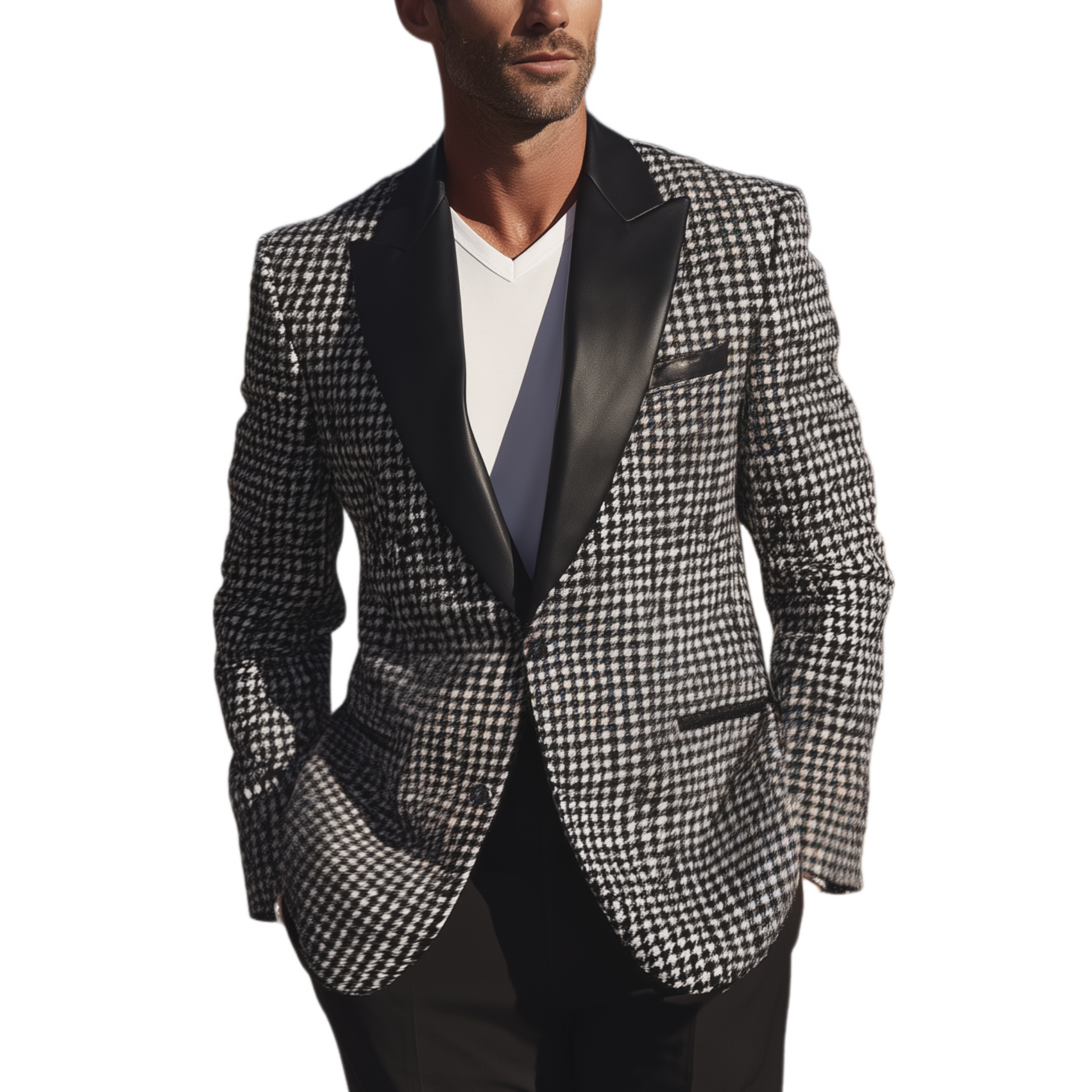 Men's Classic Casual And Light Business PU Leather Collar Single-breasted Houndstooth Slim-fit Blazer MTA0907I3K