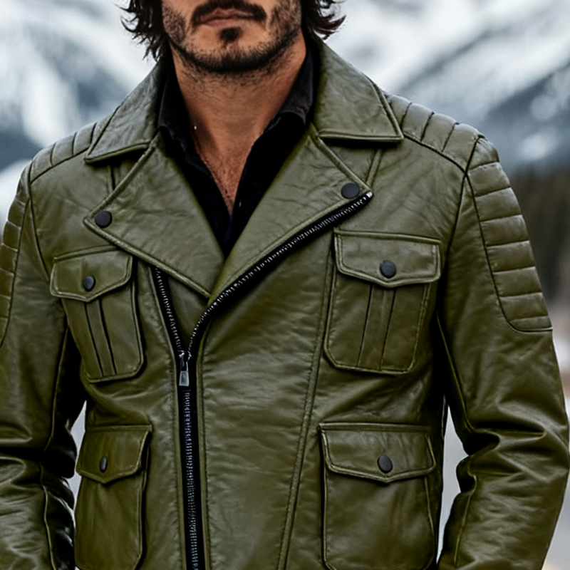 Men's Solid Color Multi-pocket Zipper Motorcycle Style PU Jacket MTA1714K4X