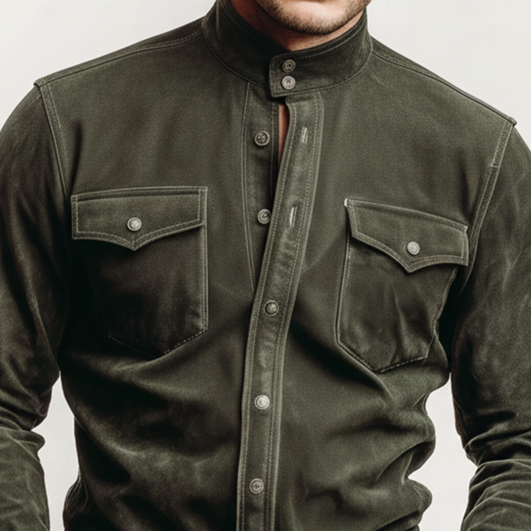 Men's Classic Retro Western Style Stand-up Collar Faux Suede Long-sleeved Shirt MTA1744K8K