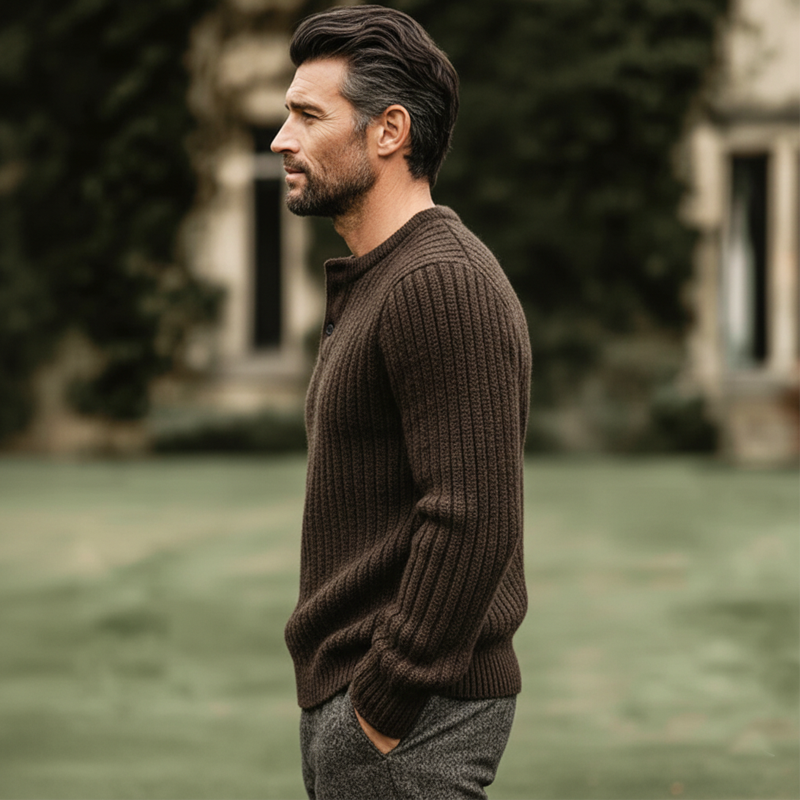 Men's Vintage Brown Three-button Henley Neck Striped Knitted Sweater MTA0844L1U