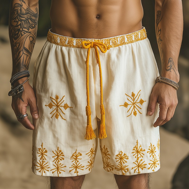Men's Summer Fashion Cotton And Linen Embroidered Casual Shorts MTA1044F3P