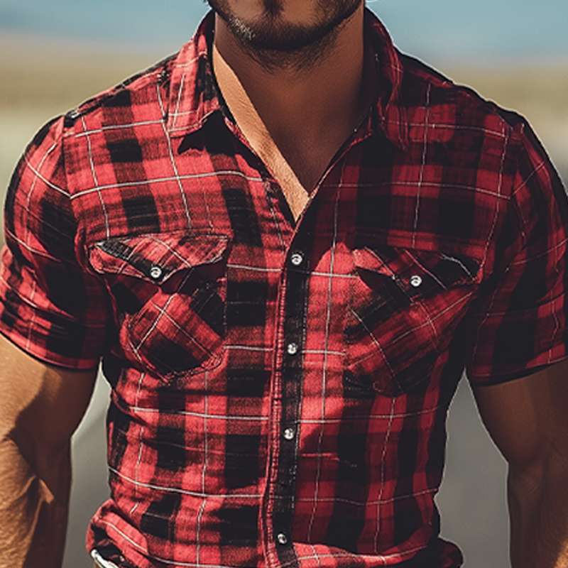 Men's Summer Casual Retro Western Cowboy Plaid Cotton and Linen Short-sleeved Shirt MTA2805D4K