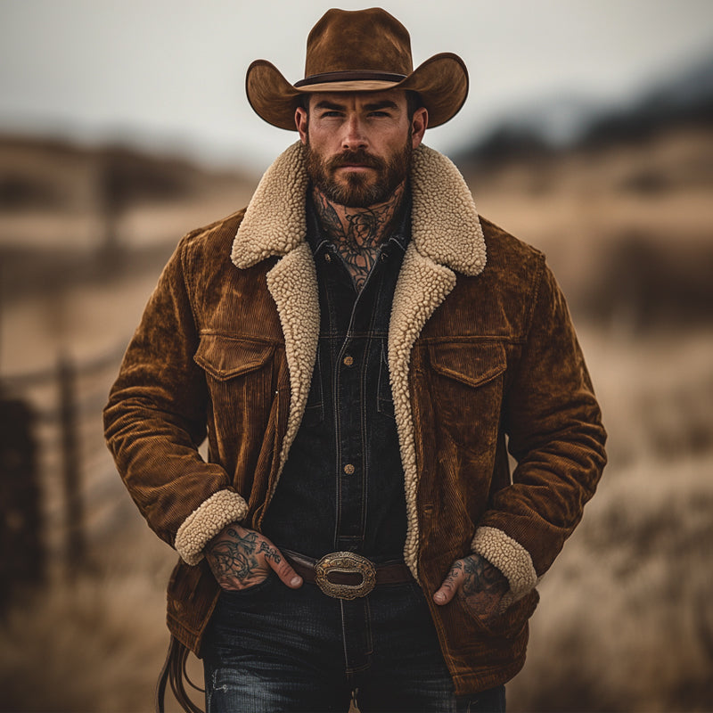 Men's Retro Solid Color Corduroy Lambswool Lining Warm Shorts Coat 17217608Y