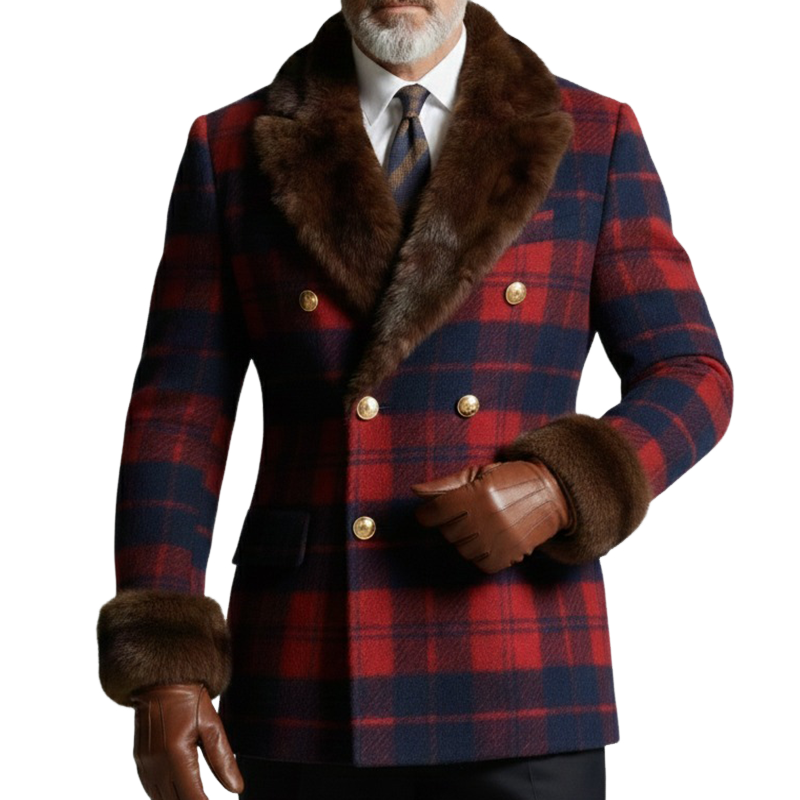 Men's Retro Casual Plaid Fur Collar Blazer MTA2955K3TO