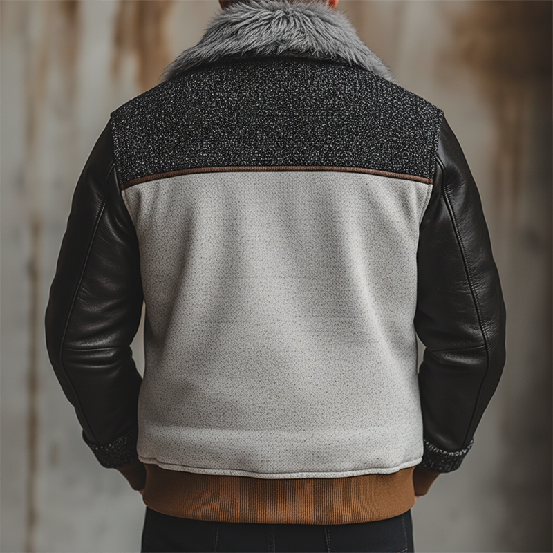 Men's Winter Faux Wool PU Patchwork Jacket With Fur Collar MTA1770K8P