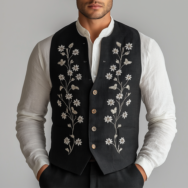 Men's Summer Fashion Cotton And Linen Embroidered Suit Vest MTA1018F1P