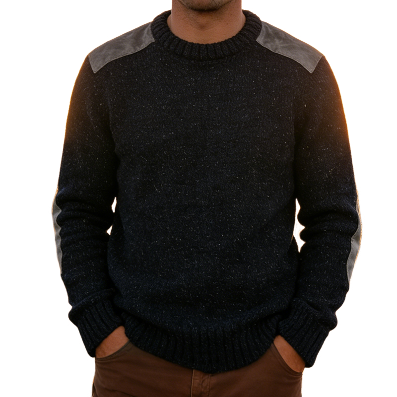 Men's Retro Casual Faux Suede Patchwork Knit Crew Neck Sweater MTA1208L3TO