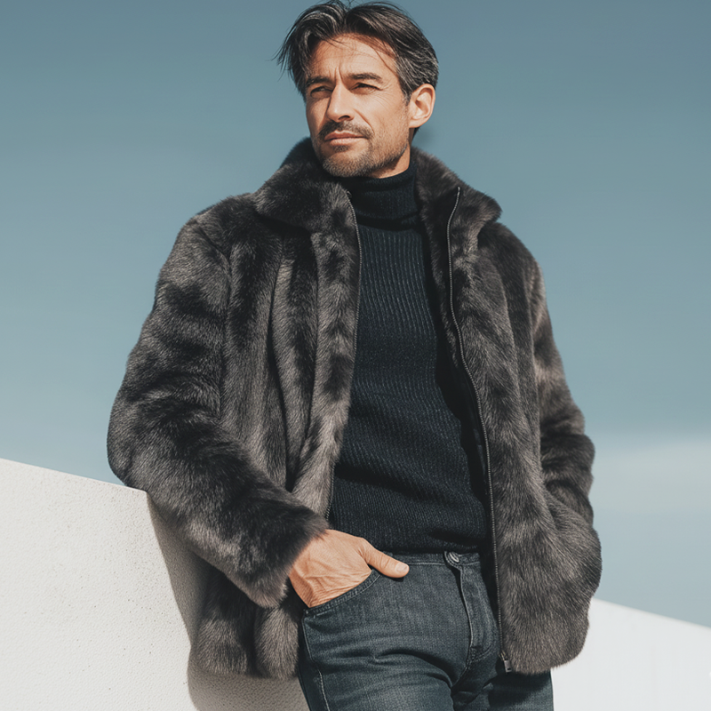 Men's Urban Style Lapel Zip-up Warm Dark Gray Faux Mink Fur Jacket MTA2584K6U