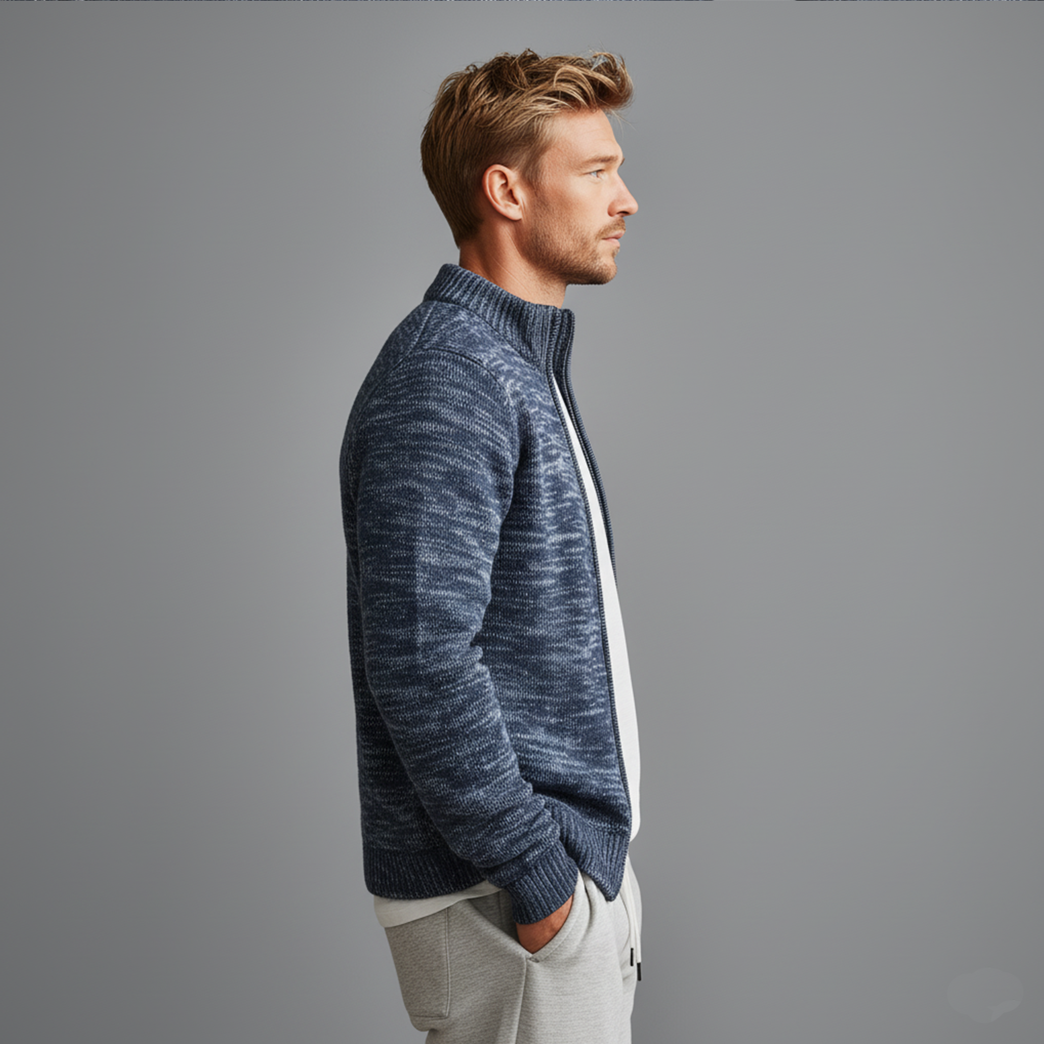 Men's Classic Casual Heterogeneous Textured Stand Collar Zippered Knit Cardigan MTA2183J0K