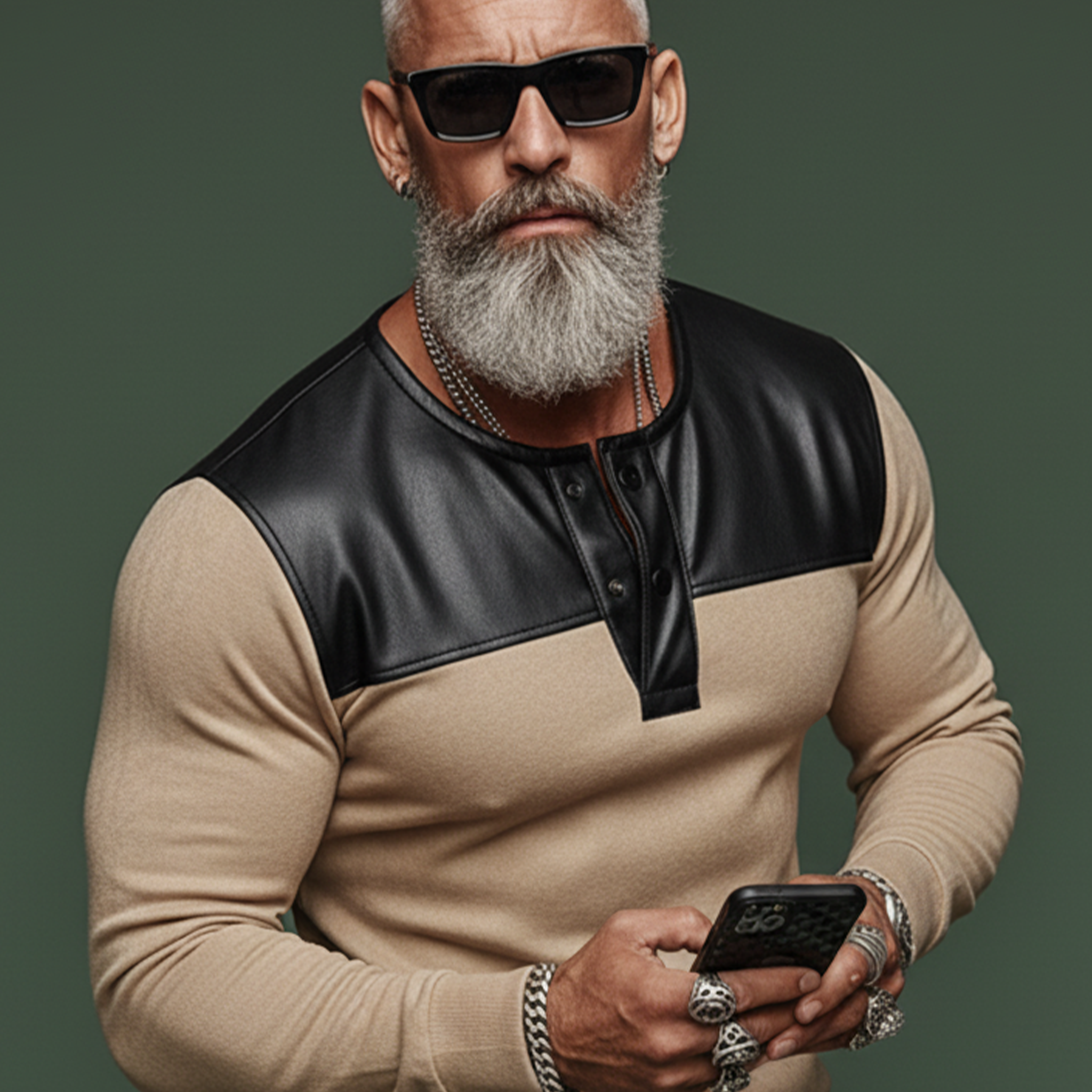 Men's Classic Casual Henley Collar PU Leather Slim Fit Faux Suede Long-Sleeve T-Shirt MTA0383K4K