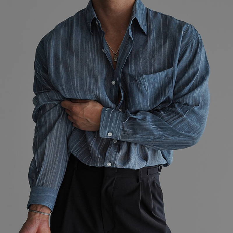 Men's Striped Loose Lapel Long Sleeve Casual Shirt MTA0695E9Z
