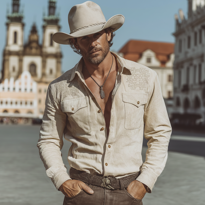 Men's Vintage Beige Faux Suede Embroidered Long-sleeved Shirt MTZ0817A8U