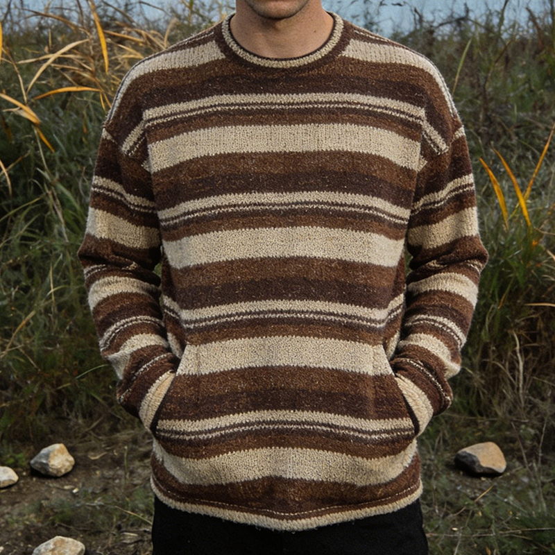 Men's Retro Casual Knit Striped Crew Neck Sweater MTA1226L8TO