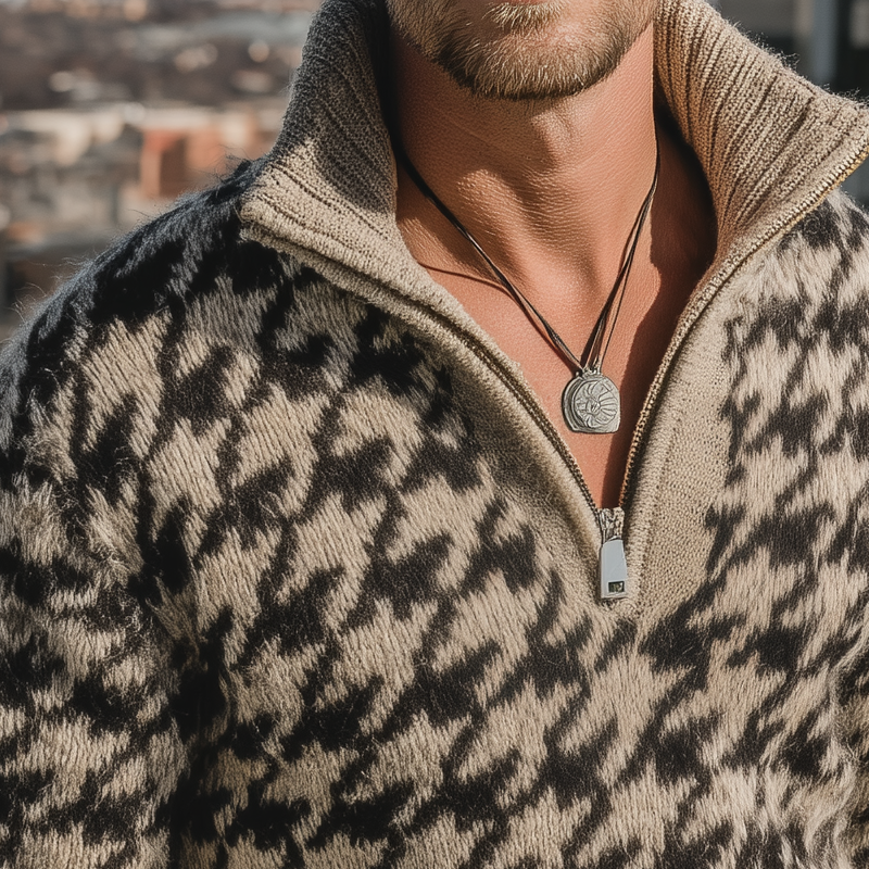 Men's Classic Houndstooth Stand Collar Quarter Zip Knit Sweater MTA1195J9U