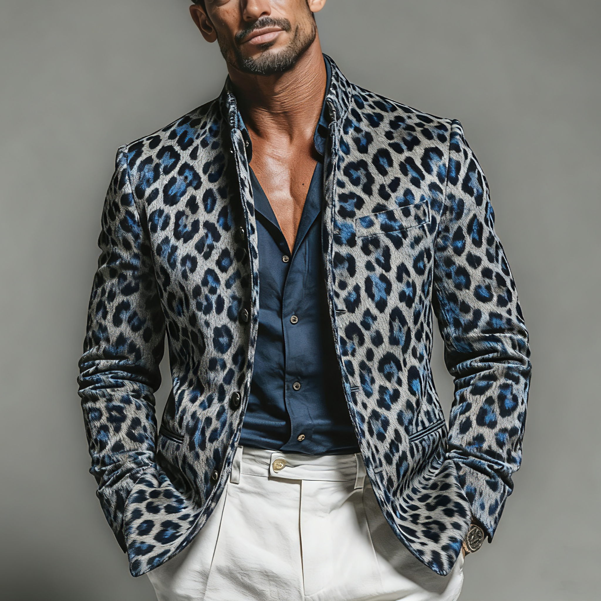 Men's Fashionable And Unique Leopard Print Faux Suede Stand Collar Jacket MTA2958K2K