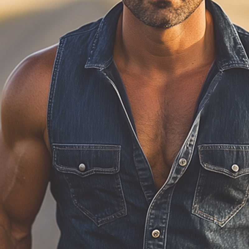 Men's Summer Western Cowboy Style Vintage Denim Sleeveless Shirt MTA2918E2U