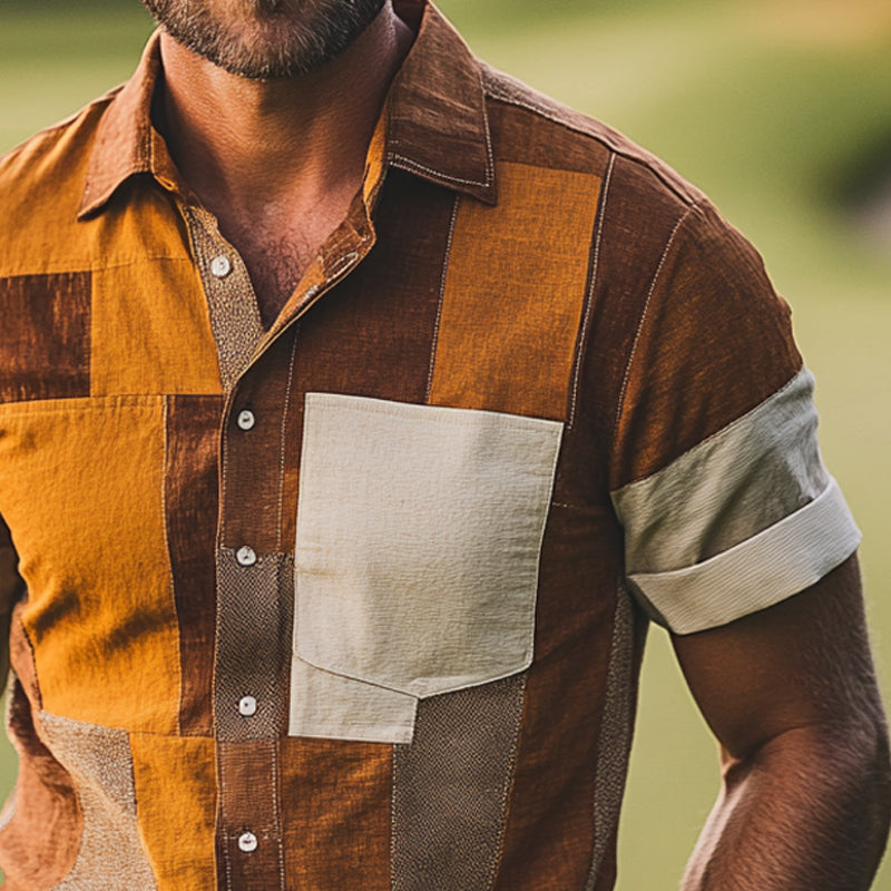 Men's Color Block Print Short Sleeve Lapel Shirt MTA0872E4X