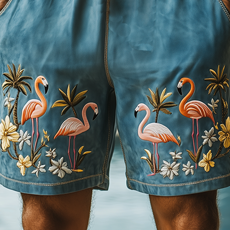 Sommermote for menn Uformell Hawaii-stil Tynn semsket brodert shorts med elastisk midje MTA2350D3K
