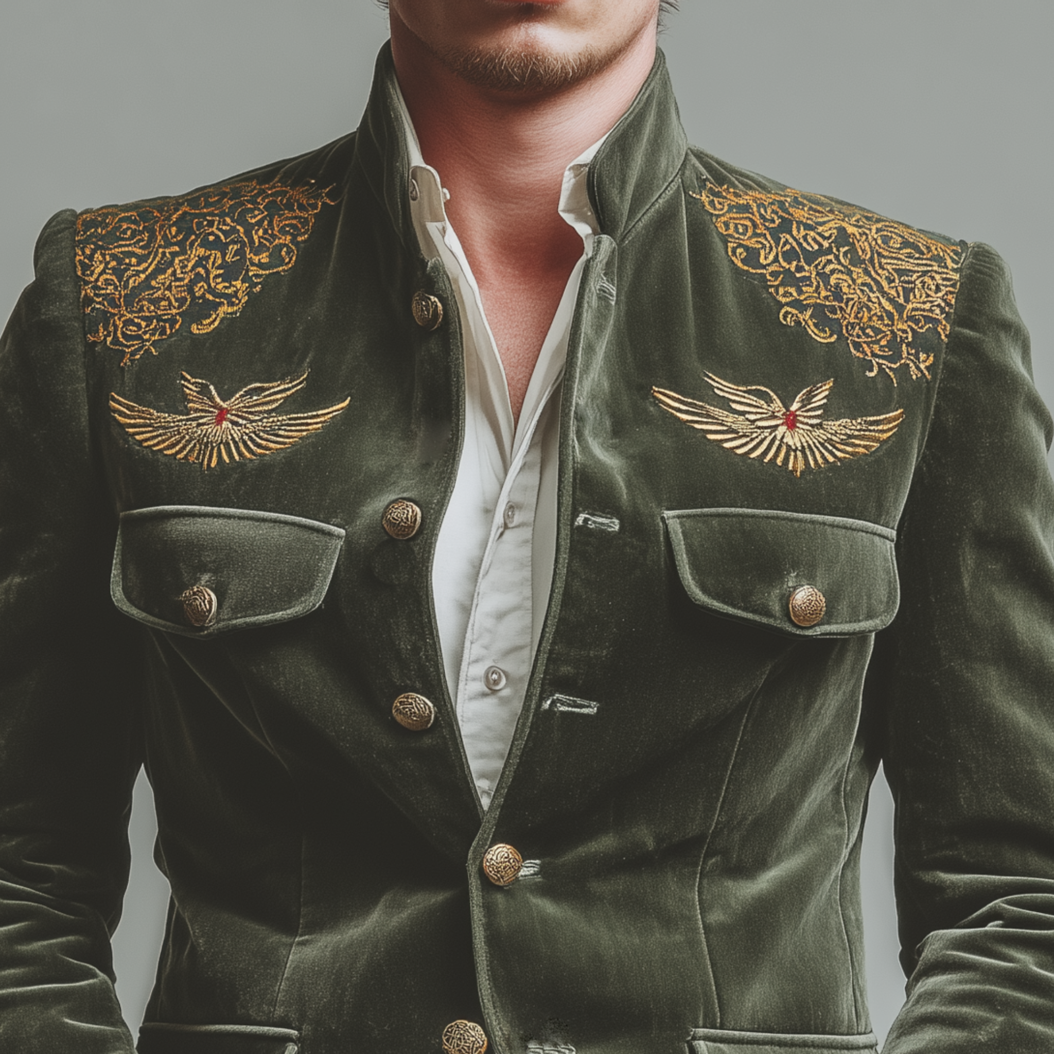 Men's Classic Retro Embroidered Faux Velvet Stand Collar Jacket MTA0417L7K