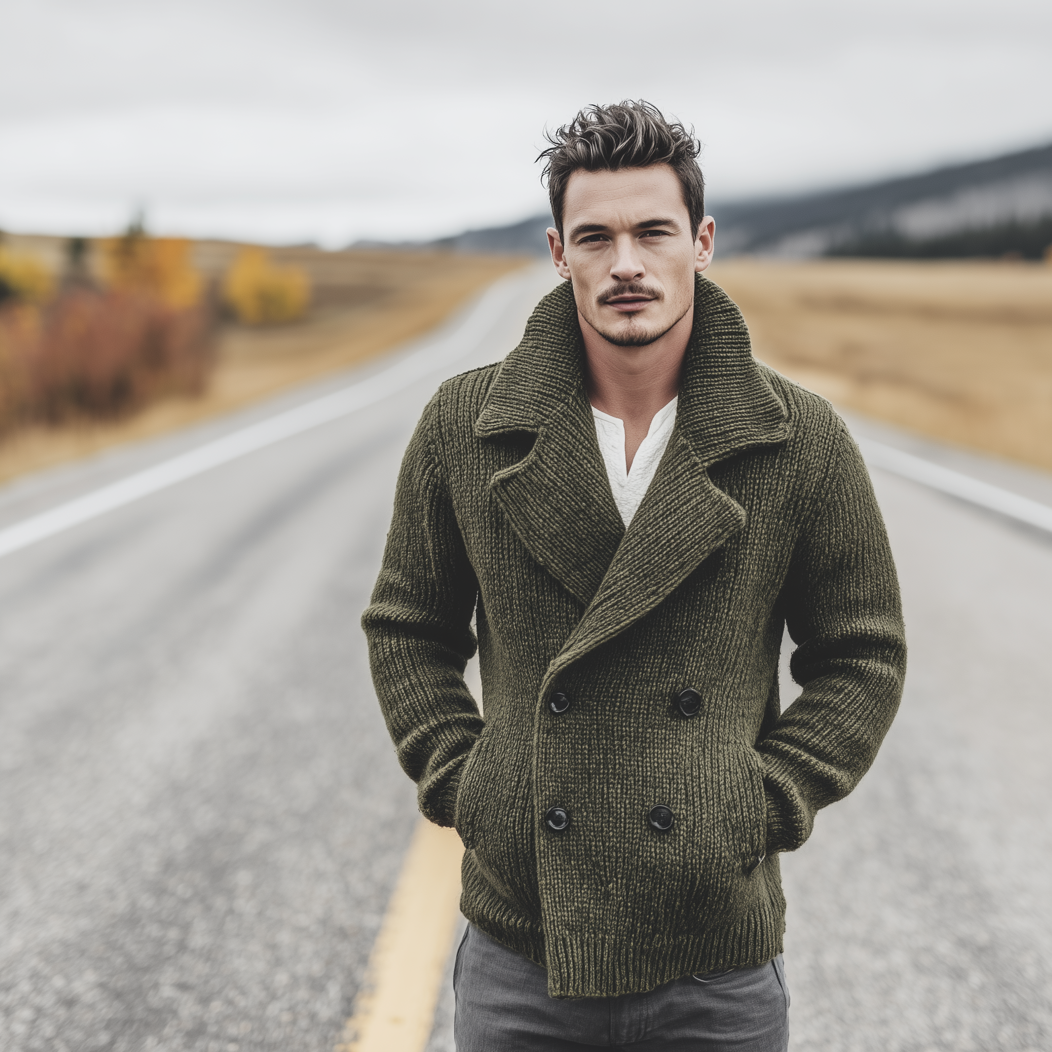 Men's Classic Casual Western Tough Style Lapel Double-breasted Knitted Cardigan MTA0843I9K