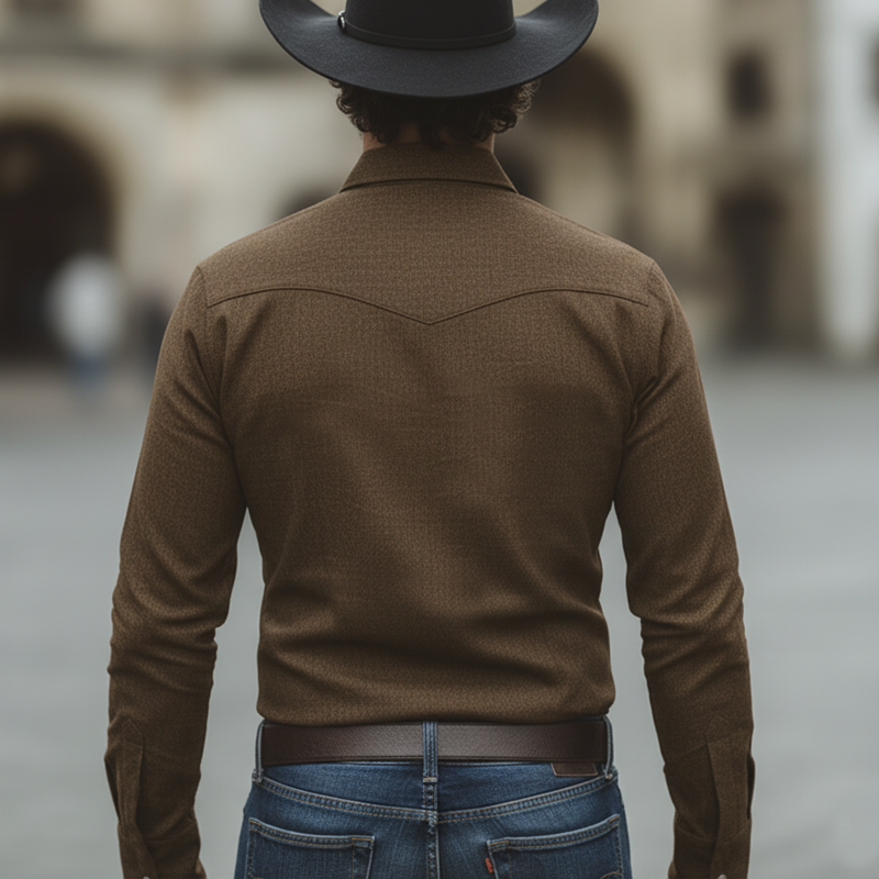 Men's Vintage Brown Slightly Stretchy Denim Long-sleeved Shirt MTZ0942A4U