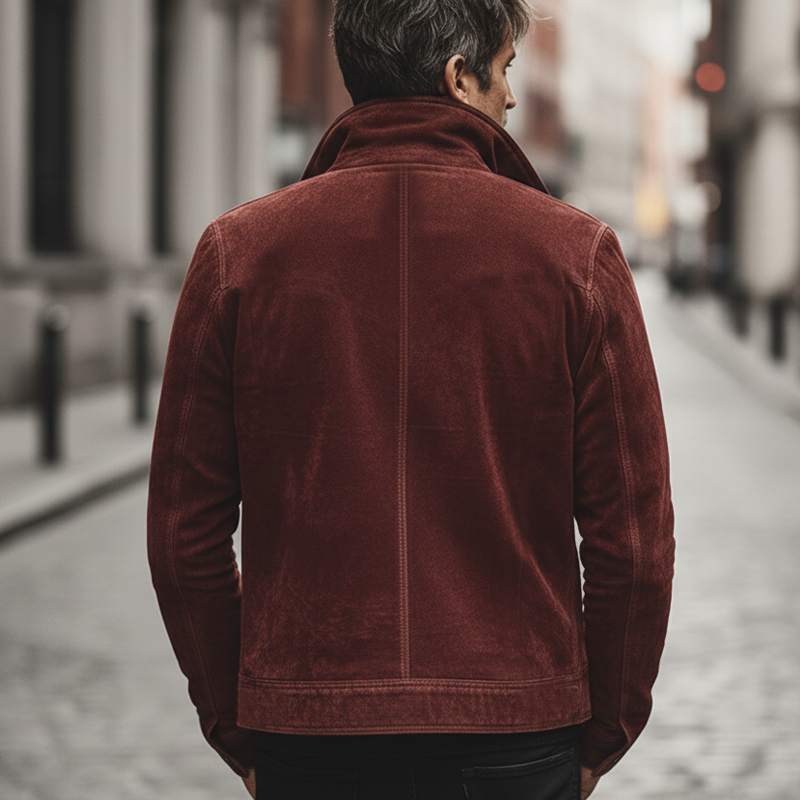 Men's Vintage Luxury Dark Red Suede Embroidered Lapel Jacket MTA0874L3U