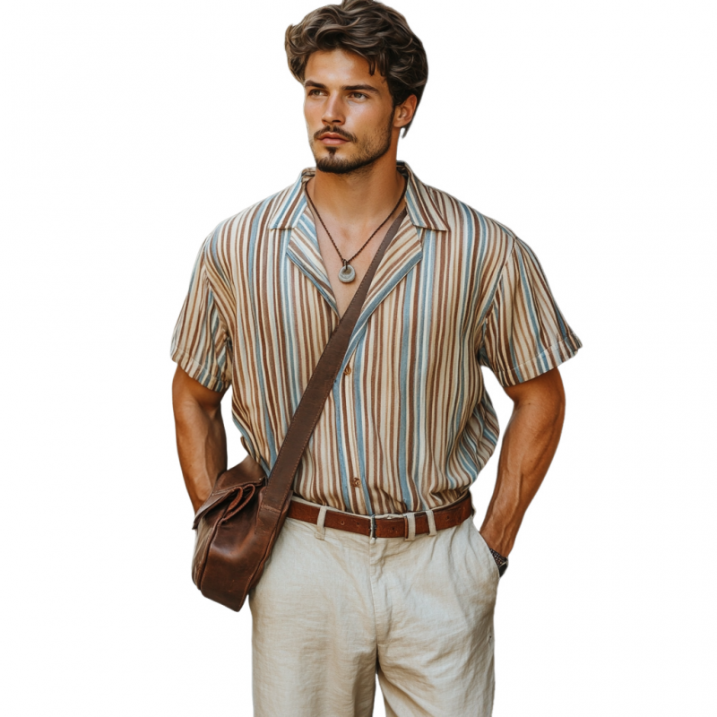 Men's Casual Colorful Striped Digital Print Cuban Collar Loose Short Sleeve Shirt MTA2345E1M