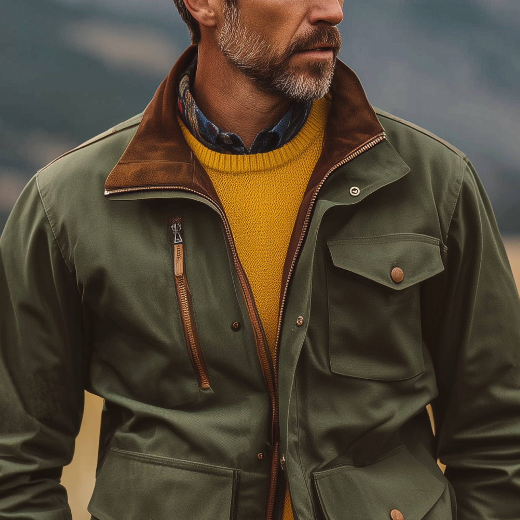 Men's Classic Western Vintage Suede Collar Multi-Pocket Zipper Cotton Blend Jacket MTA0565I3K