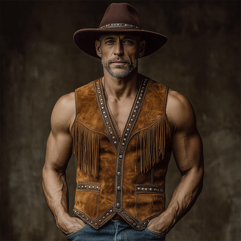 Men's Spring And Summer New American Retro Western Cowboy Thin Suede Tassels And Metal Rivets Slim Fit Single Wear Vest MTA1832F2K