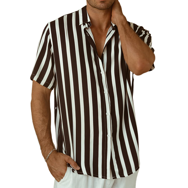Men's Classic Casual Contrast Color Vertical Striped Cotton Blend Short Sleeve Shirt MTA1440G0K