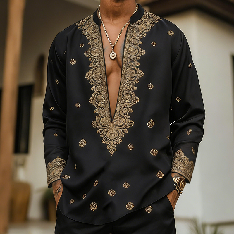 Men's Retro Casual Court Style Printed V-Neck Long Sleeve Shirt MTZ1131B3TO