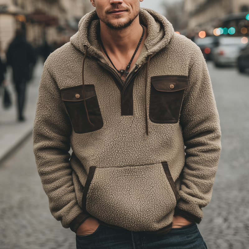 Men's Retro Coarse Grain Polar Fleece Colorblock Casual Hoodie MTA2041J5U