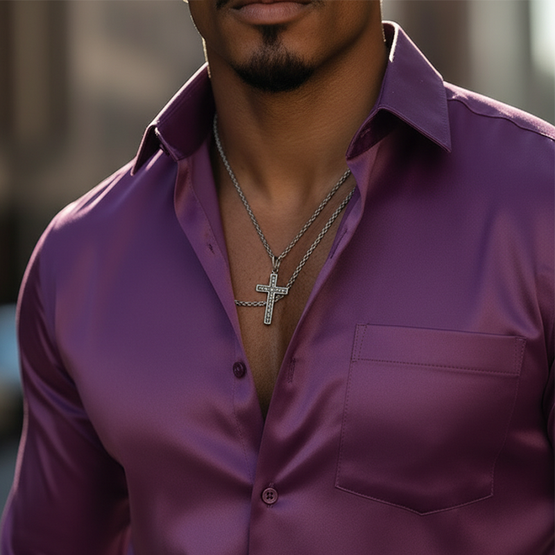 Men's Spring Fashion Satin-like Long-sleeved Shirt MTZ0880A5P