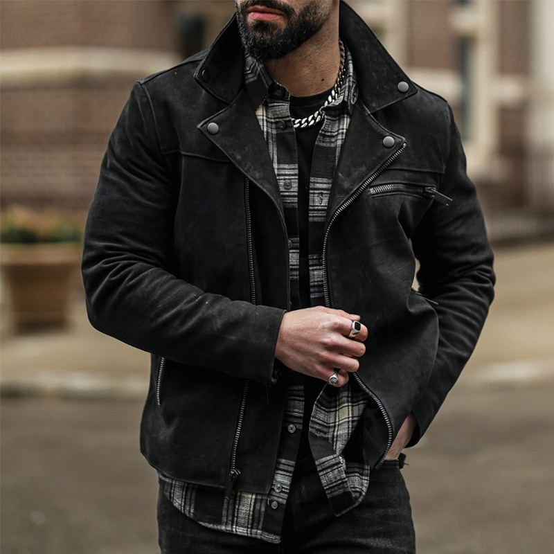 Men's Retro Casual Suede Zipper Short Lapel Biker Jacket MTA1072I0TO