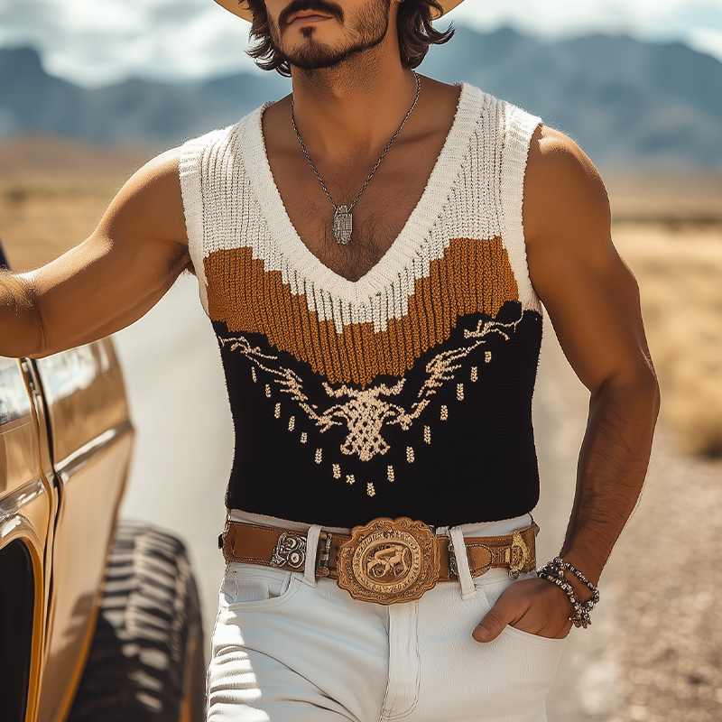 Men's Spring And Summer Fashion Casual Western Cowboy Style V-neck Slim Fit Knitted Contrast Jacquard Tank Top MTA1534E5K