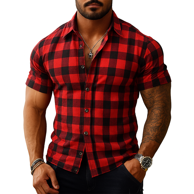 Men's Check Print Short Sleeve Lapel Shirt MTA2255G2X