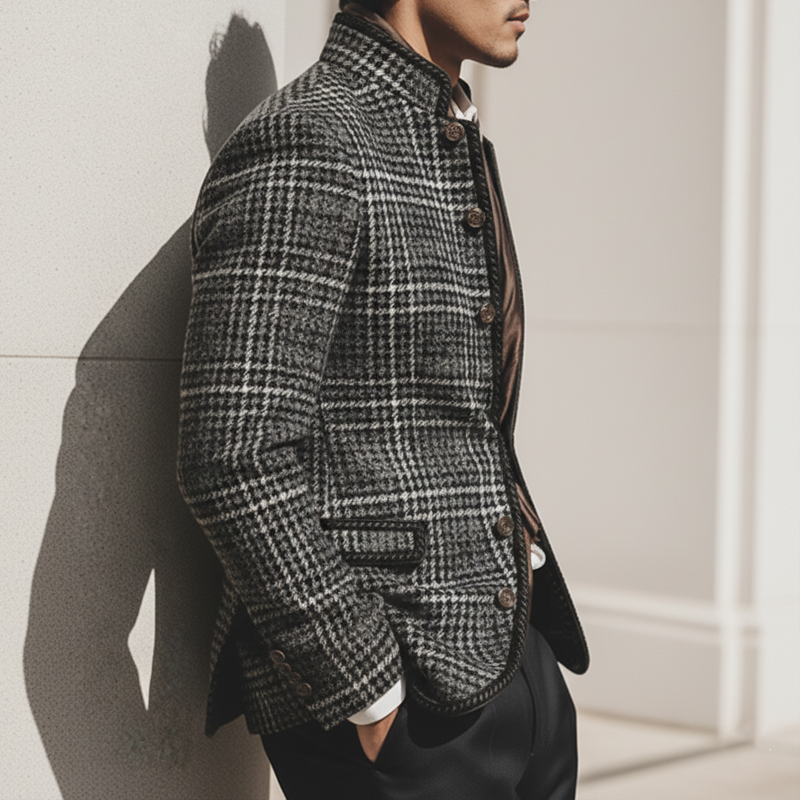 Men's Urban Gray Plaid Stand Collar Button Slim Fit Jacket MTA2472K8U