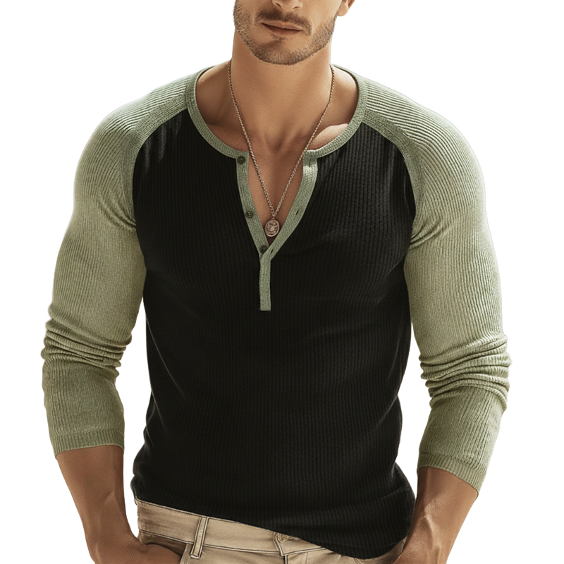 Men's Urban Henley Collar High-stretch Slim-fit Color-block Long-sleeved T-shirt MTZ3026A3U